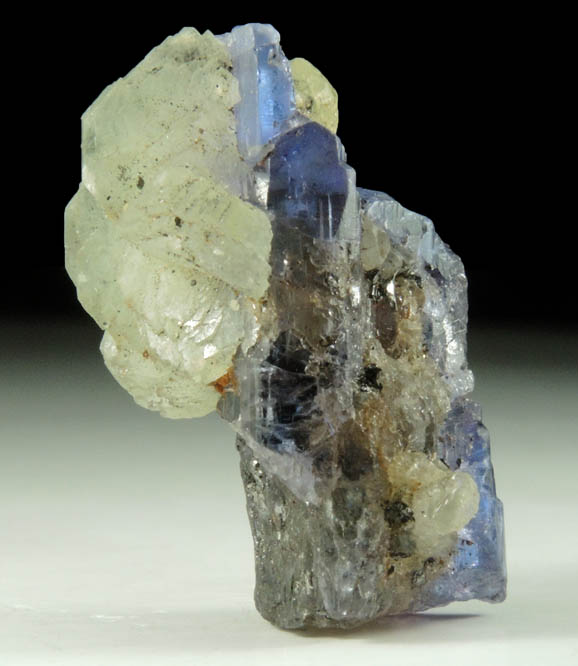 Prehnite on Tanzanite Crystal (blue gem variety of the mineral Zoisite) with Pyrite from Merelani Hills, western slope of Lelatama Mountains, Arusha Region, Tanzania (Type Locality for Tanzanite)