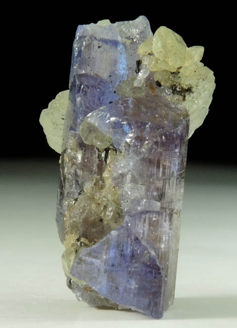 Prehnite on Tanzanite Crystal (blue gem variety of the mineral Zoisite) with Pyrite from Merelani Hills, western slope of Lelatama Mountains, Arusha Region, Tanzania (Type Locality for Tanzanite)