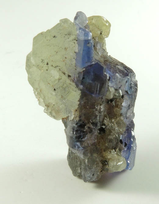 Prehnite on Tanzanite Crystal (blue gem variety of the mineral Zoisite) with Pyrite from Merelani Hills, western slope of Lelatama Mountains, Arusha Region, Tanzania (Type Locality for Tanzanite)