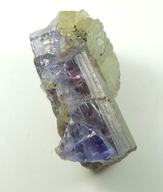 Prehnite on Tanzanite Crystal (blue gem variety of the mineral Zoisite) with Pyrite from Merelani Hills, western slope of Lelatama Mountains, Arusha Region, Tanzania (Type Locality for Tanzanite)