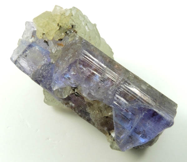 Prehnite on Tanzanite Crystal (blue gem variety of the mineral Zoisite) with Pyrite from Merelani Hills, western slope of Lelatama Mountains, Arusha Region, Tanzania (Type Locality for Tanzanite)