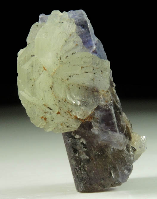 Prehnite on Tanzanite Crystal (blue gem variety of the mineral Zoisite) with Pyrite from Merelani Hills, western slope of Lelatama Mountains, Arusha Region, Tanzania (Type Locality for Tanzanite)