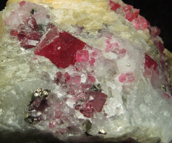 Spinel, Zircon, Pyrite in marble from Mogok District, 115 km NNE of Mandalay, Mandalay Division, Myanmar (Burma)