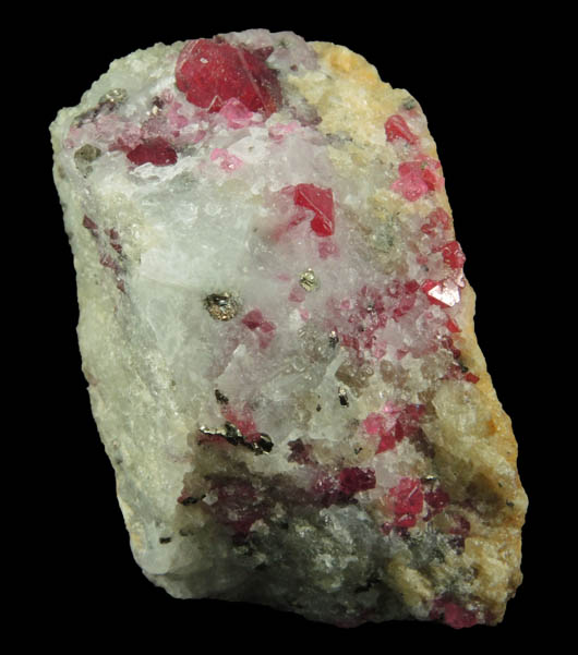 Spinel, Zircon, Pyrite in marble from Mogok District, 115 km NNE of Mandalay, Mandalay Division, Myanmar (Burma)