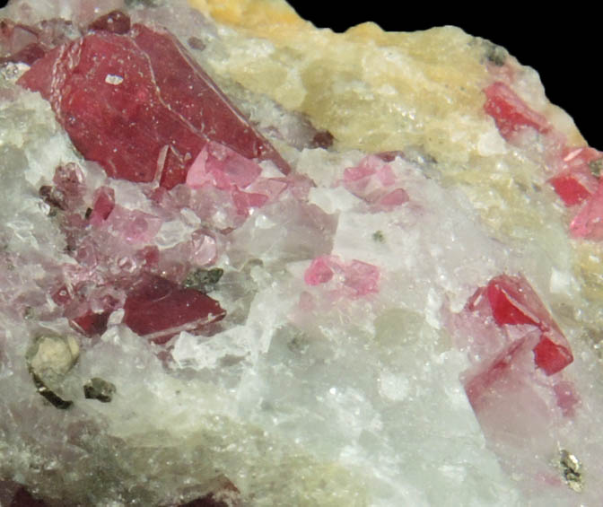 Spinel, Zircon, Pyrite in marble from Mogok District, 115 km NNE of Mandalay, Mandalay Division, Myanmar (Burma)