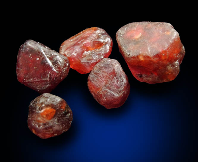 Corundum var. Ruby (five alluvial crystals) from Central Highland Belt, near Ratnapura, Sabaragamuwa Province, Sri Lanka