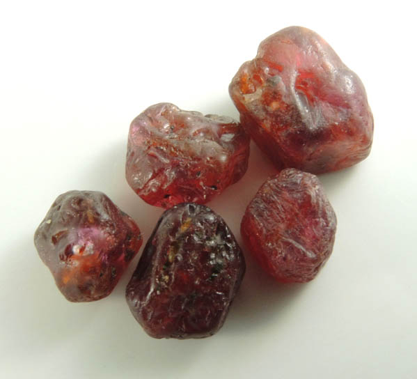 Corundum var. Ruby (five alluvial crystals) from Central Highland Belt, near Ratnapura, Sabaragamuwa Province, Sri Lanka