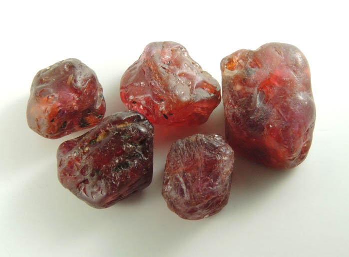 Corundum var. Ruby (five alluvial crystals) from Central Highland Belt, near Ratnapura, Sabaragamuwa Province, Sri Lanka