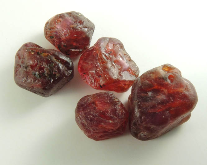 Corundum var. Ruby (five alluvial crystals) from Central Highland Belt, near Ratnapura, Sabaragamuwa Province, Sri Lanka