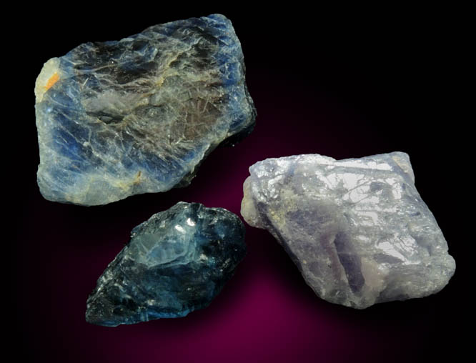 Corundum var. Blue Sapphire (three partial crystals) from Mogok District, 115 km NNE of Mandalay, Mandalay Division, Myanmar (Burma)