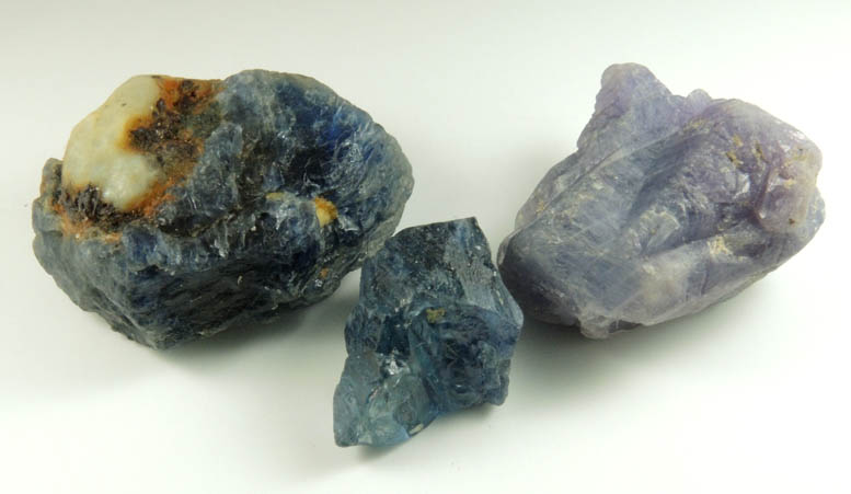 Corundum var. Blue Sapphire (three partial crystals) from Mogok District, 115 km NNE of Mandalay, Mandalay Division, Myanmar (Burma)