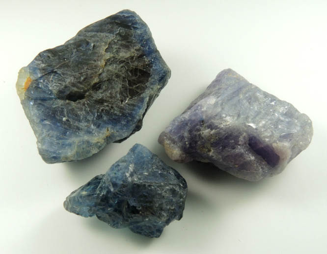 Corundum var. Blue Sapphire (three partial crystals) from Mogok District, 115 km NNE of Mandalay, Mandalay Division, Myanmar (Burma)