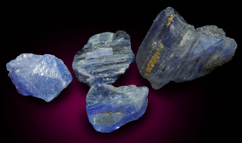 Tanzanite (blue gem variety of the mineral Zoisite) four partial crystals from Merelani Hills, western slope of Lelatama Mountains, Arusha Region, Tanzania (Type Locality for Tanzanite)