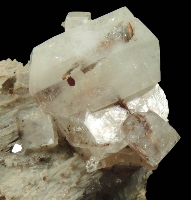 Apophyllite with Hematite-Goethite inclusions on Quartz pseudomorphs after Anhydrite from Upper New Street Quarry, Paterson, Passaic County, New Jersey