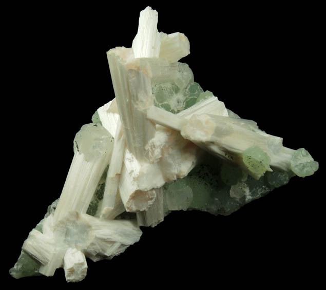 Natrolite over Prehnite with Calcite from Upper New Street Quarry, Paterson, Passaic County, New Jersey