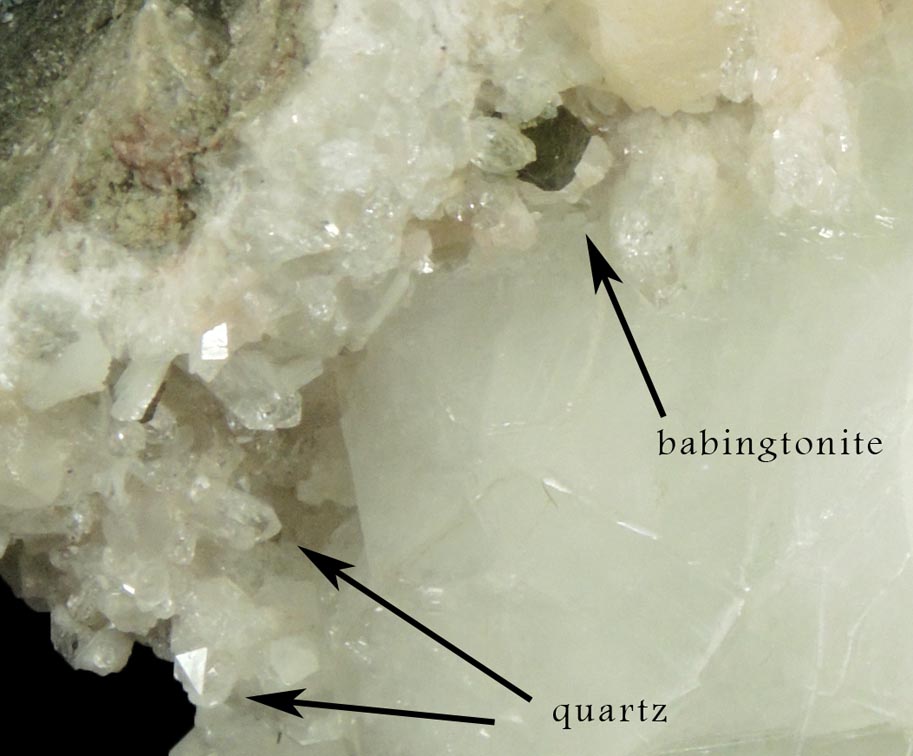 Apophyllite and Babingtonite on Quartz with Calcite from Upper New Street Quarry, Paterson, Passaic County, New Jersey