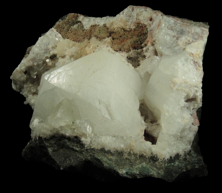 Apophyllite and Babingtonite on Quartz with Calcite from Upper New Street Quarry, Paterson, Passaic County, New Jersey
