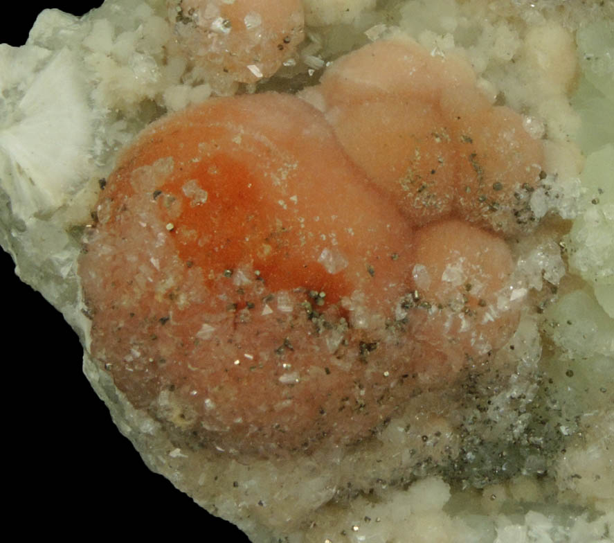 Pectolite with Pyrite and Apophyllite on Datolite from Millington Quarry, Bernards Township, Somerset County, New Jersey