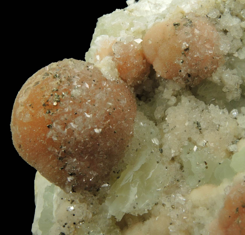 Pectolite with Pyrite and Apophyllite on Datolite from Millington Quarry, Bernards Township, Somerset County, New Jersey