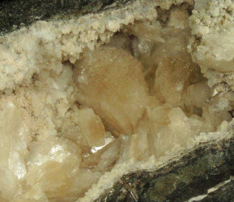 Stilbite and Babingtonite on Calcite from Upper New Street Quarry, Paterson, Passaic County, New Jersey