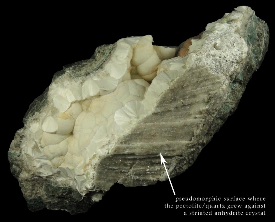 Pectolite over Prehnite and Quartz pseudomorphic molds after Anhydrite from Upper New Street Quarry, Paterson, Passaic County, New Jersey