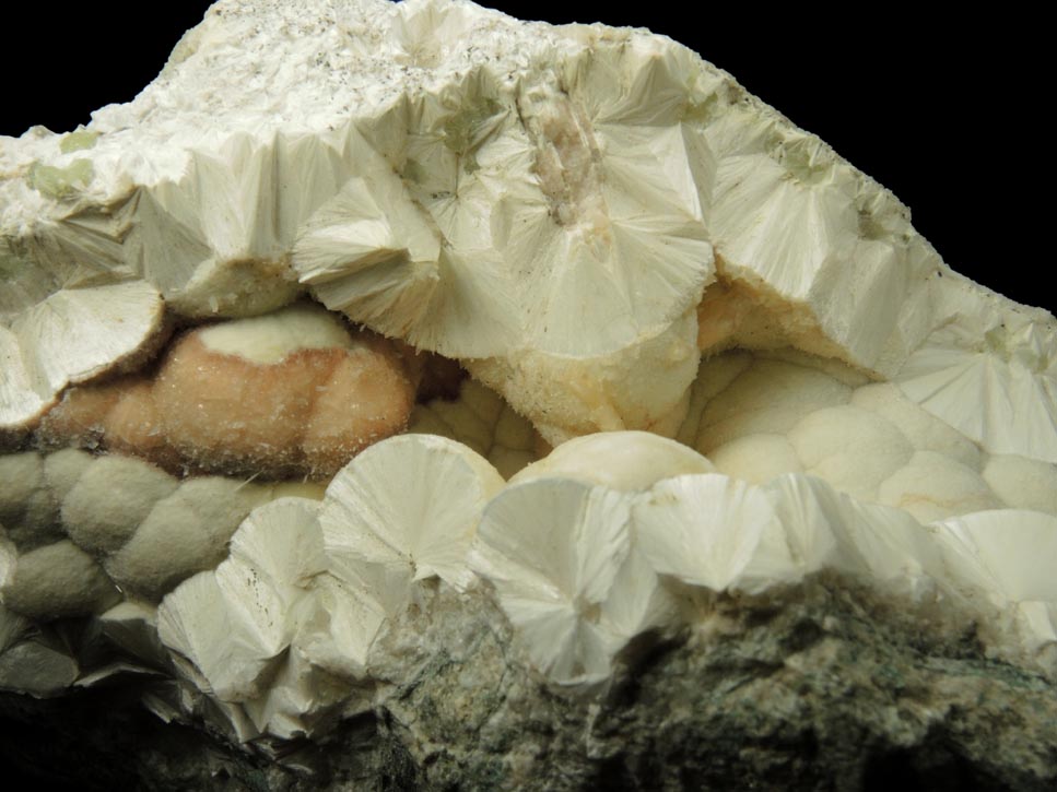 Pectolite over Prehnite and Quartz pseudomorphic molds after Anhydrite from Upper New Street Quarry, Paterson, Passaic County, New Jersey