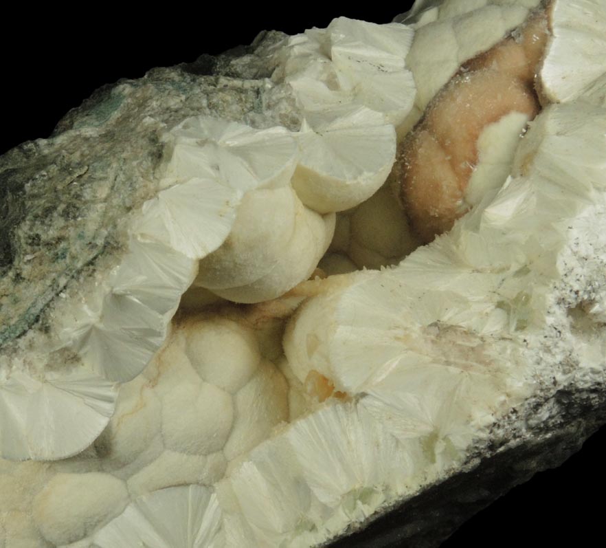 Pectolite over Prehnite and Quartz pseudomorphic molds after Anhydrite from Upper New Street Quarry, Paterson, Passaic County, New Jersey