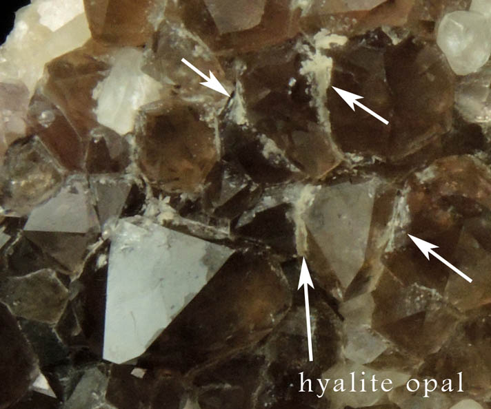 Quartz var. Smoky Quartz with Hyalite Opal and Calcite from Upper New Street Quarry, Paterson, Passaic County, New Jersey