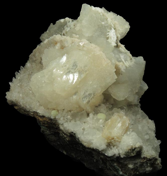 Heulandite, Prehnite, Stilbite, Laumontite, Calcite on Quartz pseudomorph after Anhydrite from Upper New Street Quarry, Paterson, Passaic County, New Jersey