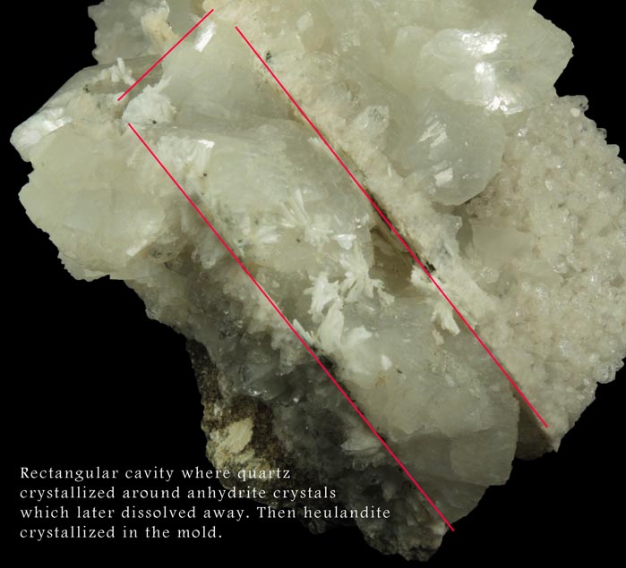 Heulandite, Prehnite, Stilbite, Laumontite, Calcite on Quartz pseudomorph after Anhydrite from Upper New Street Quarry, Paterson, Passaic County, New Jersey