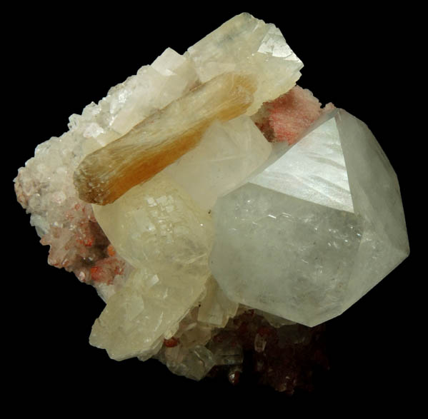 Apophyllite, Stilbite, Heulandite and Quartz exhibiting piezoelectric Hematite deposition from Upper New Street Quarry, Paterson, Passaic County, New Jersey