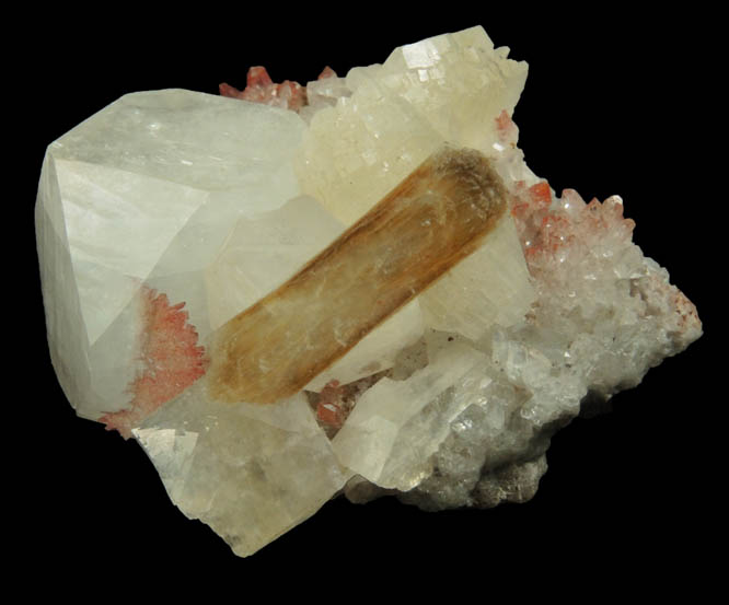 Apophyllite, Stilbite, Heulandite and Quartz exhibiting piezoelectric Hematite deposition from Upper New Street Quarry, Paterson, Passaic County, New Jersey