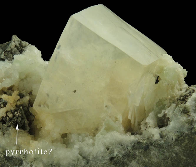 Calcite on Prehnite with (Pyrrhotite?) from Millington Quarry, Bernards Township, Somerset County, New Jersey