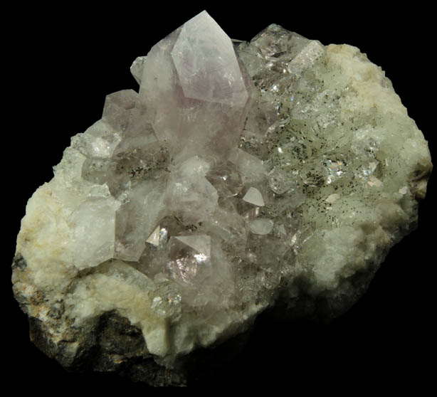 Quartz var. Amethyst Quartz on Datolite with Chamosite from Millington Quarry, Bernards Township, Somerset County, New Jersey