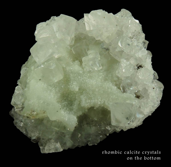 Prehnite with pseudomorphic molds after Anhydrite on Calcite from Millington Quarry, Bernards Township, Somerset County, New Jersey