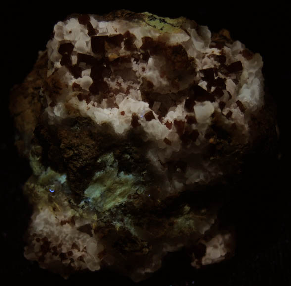 Photo below under longwave ultraviolet illumination of Vanadinite on Calcite from Apex Mine, San Carlos, Manuel Benavides, Chihuahua, Mexico Vanadinite on Calcite from Apex Mine, San Carlos, Manuel Benavides, Chihuahua, Mexico
