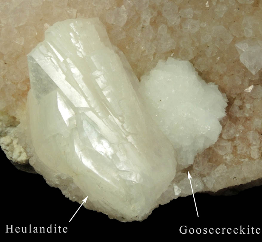 Goosecreekite and Heulandite on di-pyramidal Quartz from Nashik District, Maharashtra, India