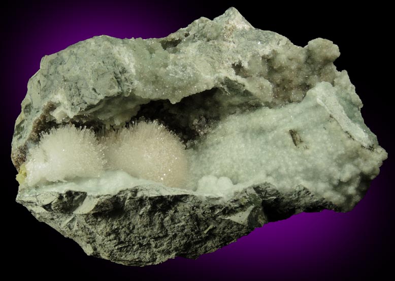 Natrolite on Prehnite from Malad Quarry, Mumbai, Maharashtra, India