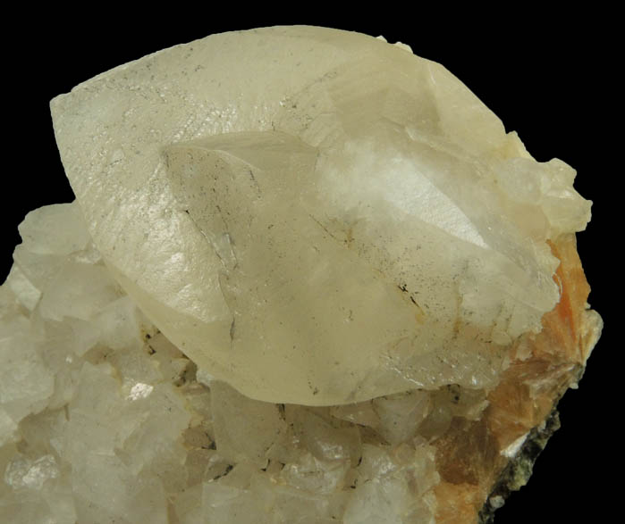 Calcite (twinned crystals) over Stilbite from Moore's Station Quarry, 44 km northeast of Philadelphia, Mercer County, New Jersey