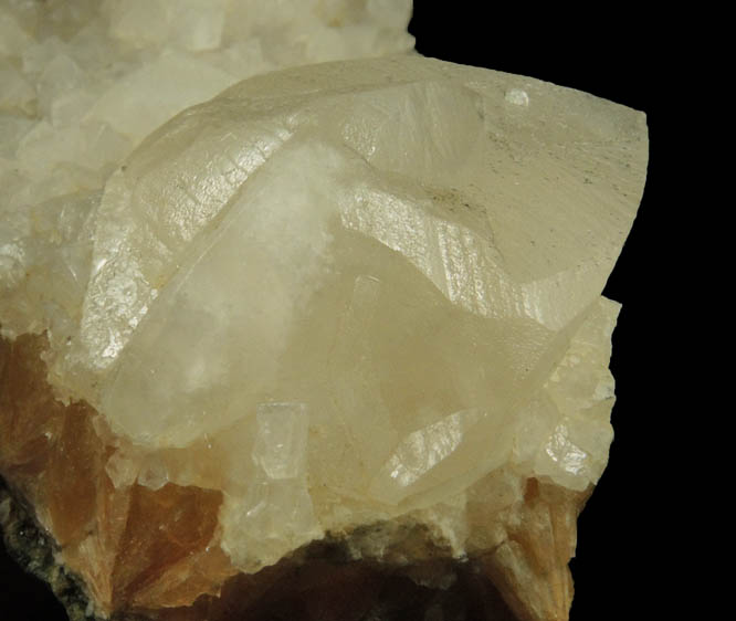 Calcite (twinned crystals) over Stilbite from Moore's Station Quarry, 44 km northeast of Philadelphia, Mercer County, New Jersey