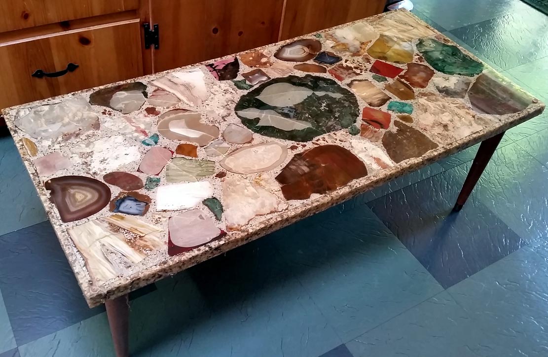 Quartz var. Agate and Petrified Wood (set in polyester resin coffee table) from Washington and Oregon