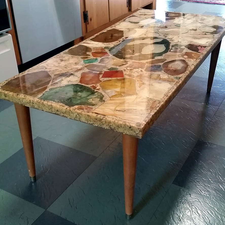 Quartz var. Agate and Petrified Wood (set in polyester resin coffee table) from Washington and Oregon