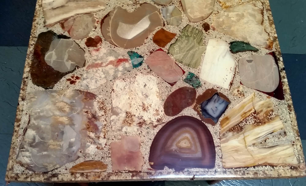 Quartz var. Agate and Petrified Wood (set in polyester resin coffee table) from Washington and Oregon