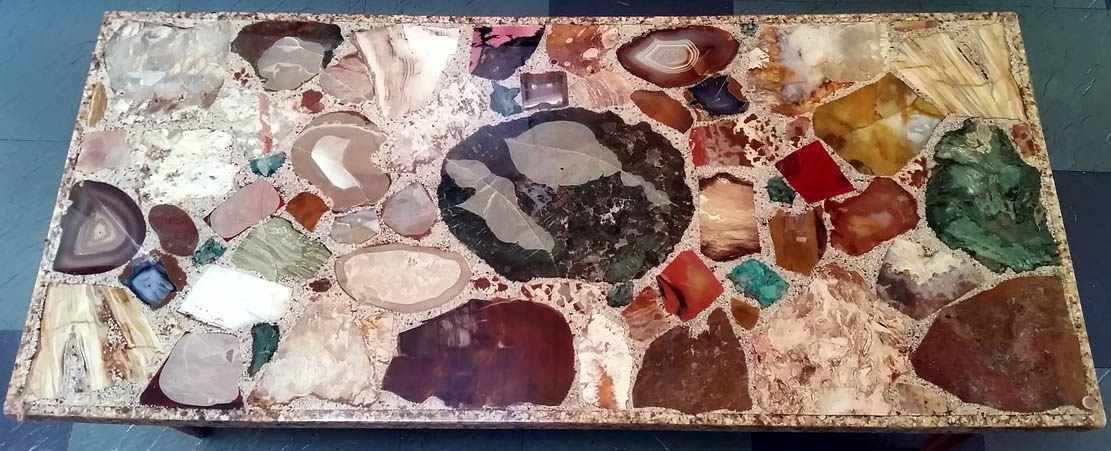 Quartz var. Agate and Petrified Wood (set in polyester resin coffee table) from Washington and Oregon