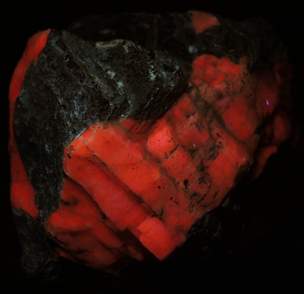 Photo below under longwave ultraviolet illumination of Zincite in Calcite from Franklin Mine, Sussex County, New Jersey (Type Locality for Zincite) Zincite in Calcite from Franklin Mine, Sussex County, New Jersey (Type Locality for Zincite)