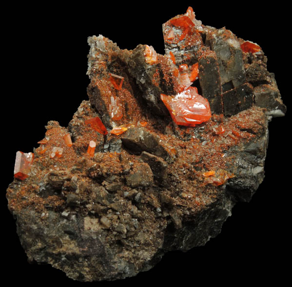 Wulfenite, Vanadinite, Calcite from Red Cloud Mine, Silver District, La Paz County, Arizona