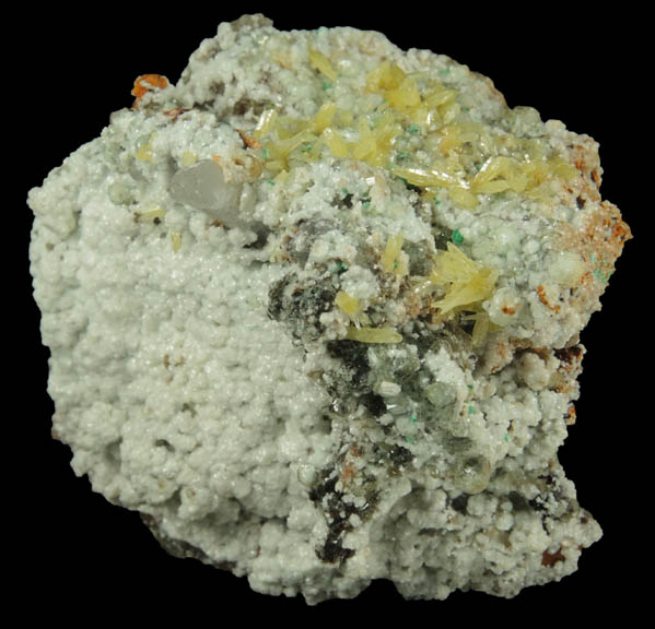 Mimetite, Dolomite, Calcite, Malachite from Tsumeb Mine, Otavi-Bergland District, Oshikoto, Namibia