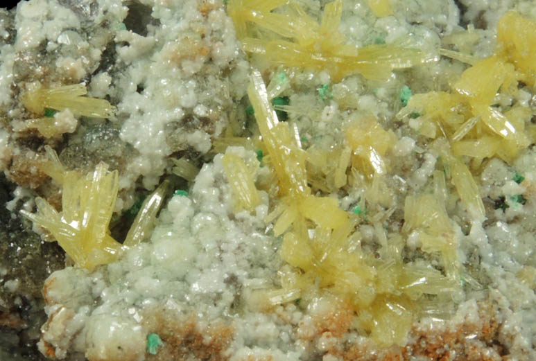 Mimetite, Dolomite, Calcite, Malachite from Tsumeb Mine, Otavi-Bergland District, Oshikoto, Namibia