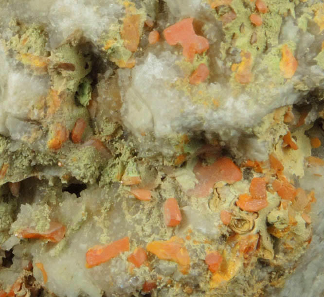 Wulfenite on Quartz from Manhan Lead Mines, Loudville District, 3 km northwest of Easthampton, Hampshire County, Massachusetts