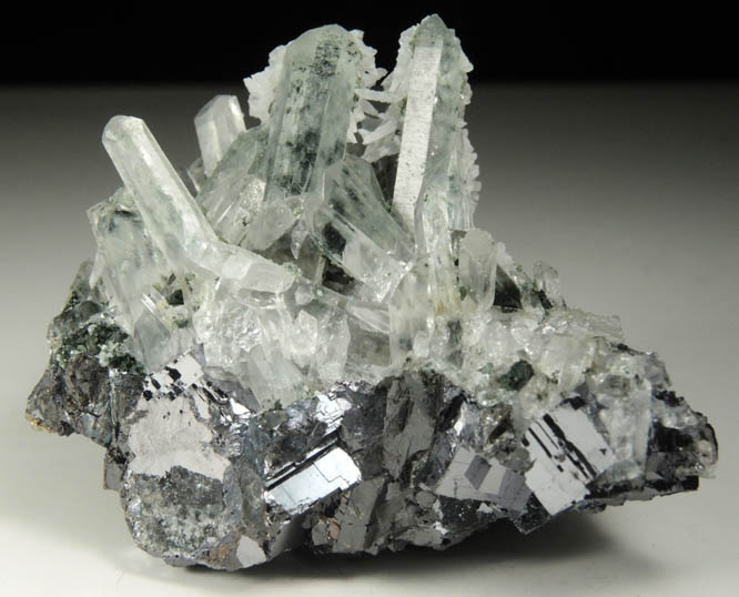 Calcite on Quartz over Galena from Deveti Septemvri Mine, Madan District, Rhodope Mountains, Bulgaria